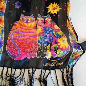 Laurel Burch Fringed Silk Scarf, Black/Bright Multi with Humorous Cat Designs